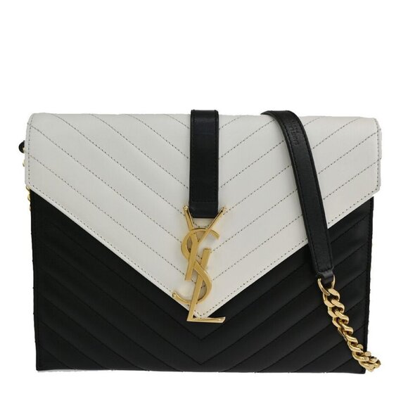 SAINT LAURENT YSL 2Way Chain Envelope Shoulder Bag Bicolor BK WE GHW - Picture 1 of 15